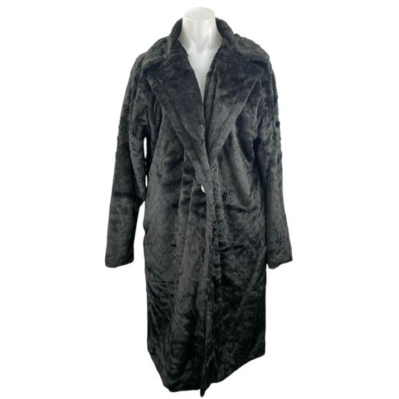 Missguided Women Black Fleece Button Teddy Collared Longline Coat Jacket Size 2 - Picture 1 of 5